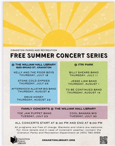 Mayor Hopkins Announces Free Summer Concert Series sponsored by Cranston Parks & Rec, Cranston Public Library